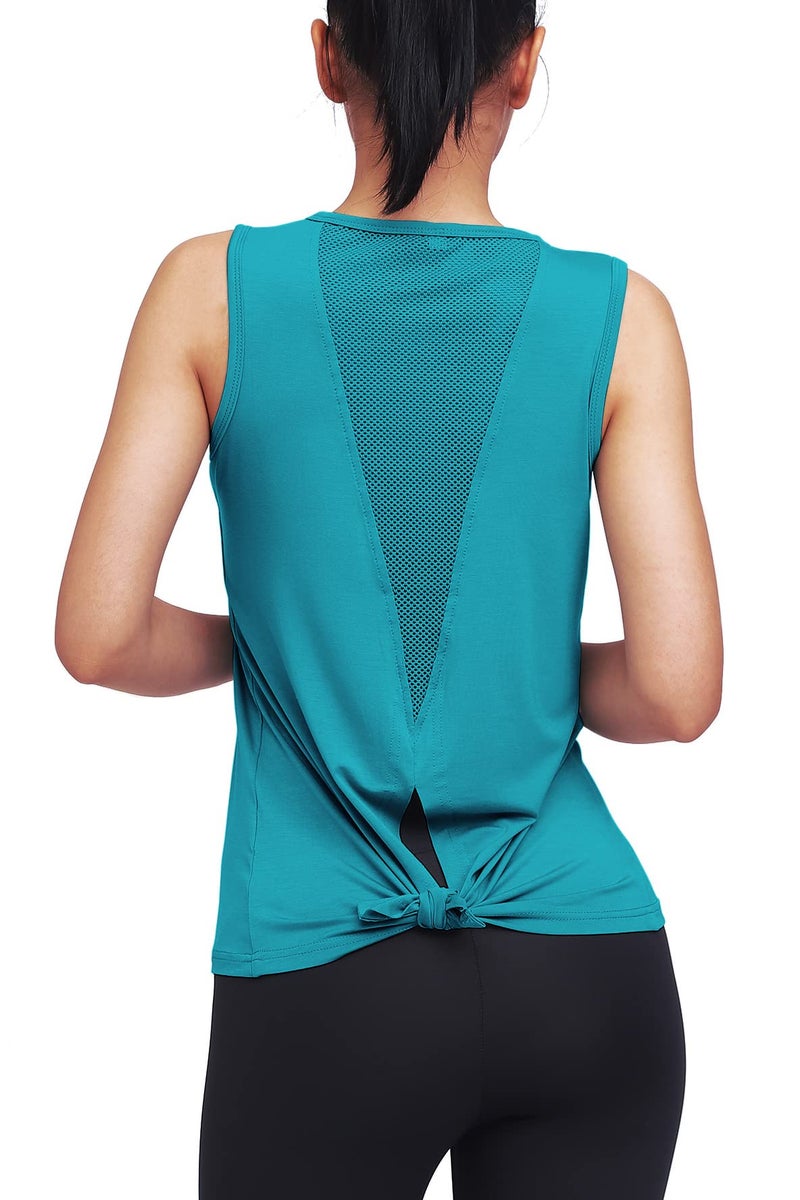 Mippo Workout Tops for Women Yoga Shirts Mesh Tie Back Tank Workout Tennis Shirts Sport Clothes Active Wear Blue Green L - Image 5